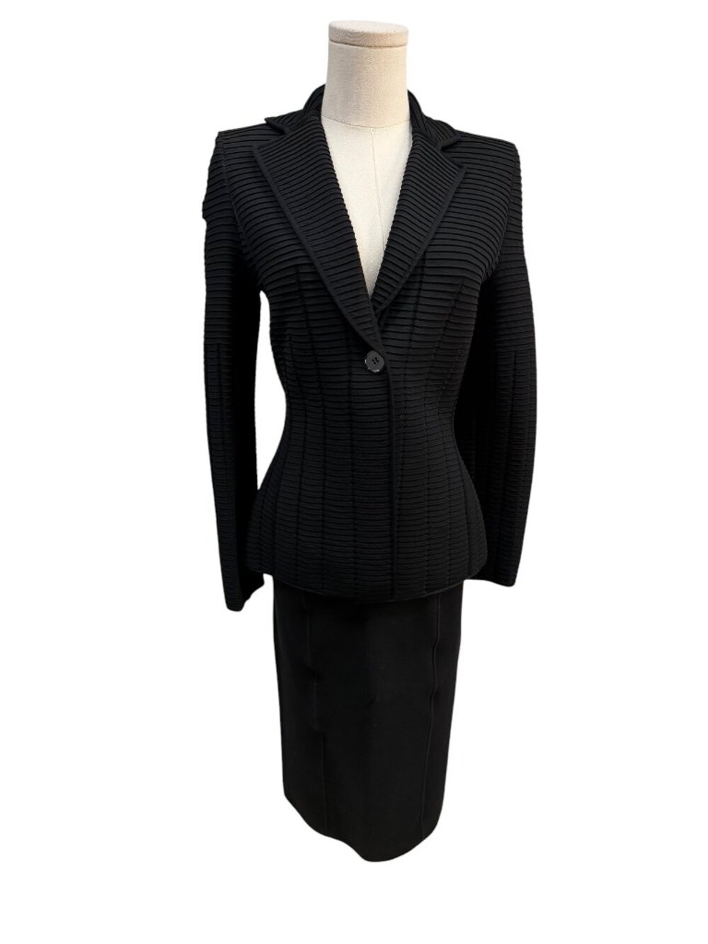 Pristine Pre-Loved Vintage Giorgio Armani Black Ribbed Pleated Skirt Suit IT 40